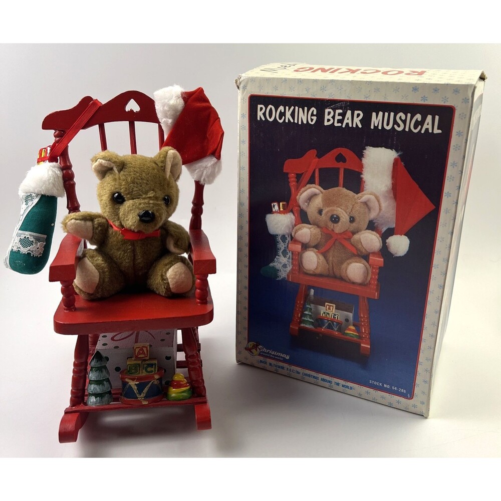 Vintage Christmas Rocking Bear Musical Chair W/Box All Works!